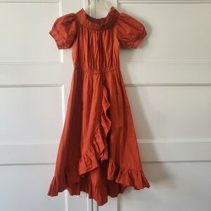 Off Shoulder Prairie Faux Wrap Dress Smocked Collar Burnt Orange Small